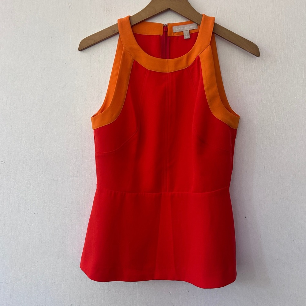 Banana Republic Peplum Top Women 6 Red Orange Halter Colorblock Mod Chic